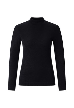 Melnas garām piedurknēm turtlenecks, izgatavots no mīkstas dzijas; pieguļoša forma ar gludu tekstūru un augstu apkakli. Nav redzamu rakstu vai akcentu.