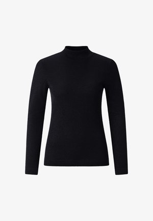 Black long-sleeve turtleneck made of soft knitted material; fitted design with a smooth texture and a high neck. No visible patterns or accents.