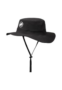 Schwarzer Bucket Hat mit breiter Krempe, aus leichtem Material; verfügt über ein Logo auf der Vorderseite und einen verstellbaren Kinnriemen.