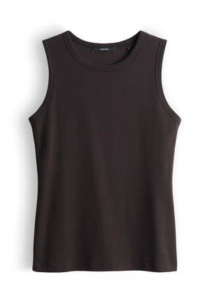 Débardeur en maille côtelée marron foncé, sans manches, avec encolure ronde, coupe ajustée et ourlet lisse, posé à plat sur fond blanc.