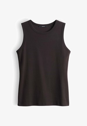 Débardeur en maille côtelée marron foncé, sans manches, avec encolure ronde, coupe ajustée et ourlet lisse, posé à plat sur fond blanc.