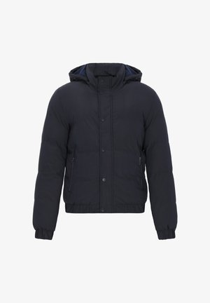 Mørkeblå dunjakke med lynlås- og knaplukning, hætte, elastiske manchetter og to sidelommer med lynlås. Glat, polstret tekstur.