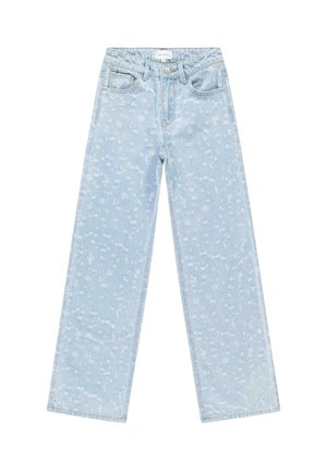 Lichtblauwe spijkerbroek met rechte pijpen, voorzien van een bloemenpatroon, vijf zakken en een knoopsluiting in de taille.