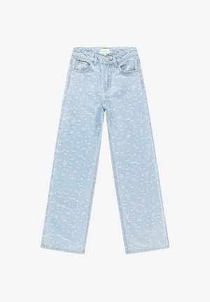 Lichtblauwe spijkerbroek met rechte pijpen, voorzien van een bloemenpatroon, vijf zakken en een knoopsluiting in de taille.