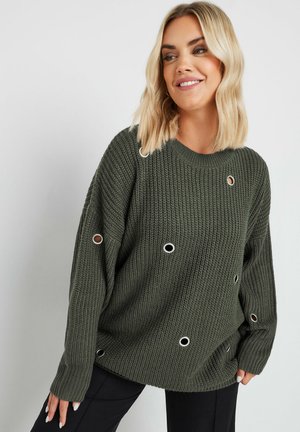 Khaki green knitted sweater with a loose fit, featuring circular eyelets as accents. Ribbed texture and round neckline.