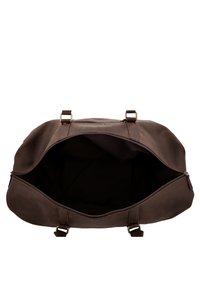 Brown leather duffel bag with double handles, open top zipper revealing empty, spacious interior against a white background.