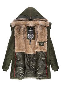 Olive green padded jacket with a faux fur lining, zip closure, and red accents. Includes a hood and multiple interior pockets.