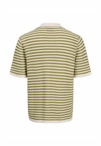 Knit short-sleeve shirt featuring horizontal olive green and white stripes, a contrasting cream collar, and a textured fabric finish.