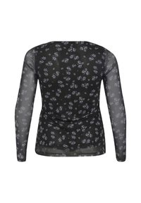 Haut à manches longues en tissu noir transparent avec un motif floral gris et bleu, doté d'un col rond et d'une coupe slim.