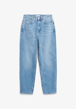 Hellblaue Denim-Jeans mit geradem Bein, fünf Taschen und dezentem Ausbleichen an der Vorderseite. Mit klassischem Knopfverschluss an der Taille.