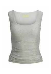 Sivi bezrukavi top s kvadratnim izrezom, s raspršenim srebrnim rhinestones i naboranom teksturom, označen s "JJXX" u svijetlo žutoj boji.