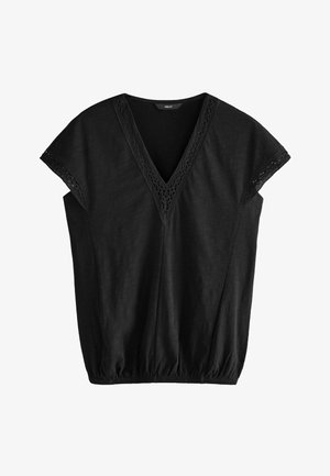 Must päevitustop V-kaeluse ja pitsäärisega. Lühikesed varrukad ja kogutud äär annavad riietusele vaba stiili. Valmistatud pehmest ja kerge kangast.