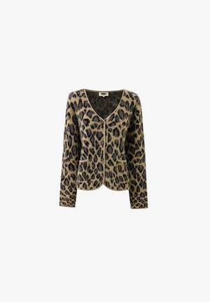 Fuzzy luipaardprint cardigan met lange mouwen, V-hals, drie knopen en twee voorzakken.