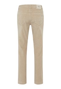 Beige corduroy broek met een straight-leg snit, vijf zakken en gestikt detail. De achterkant heeft een logo patch op de tailleband.