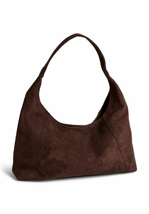 Tumepruun seemisnahast õlakott, millel on üks lai rihm ja pehme, lõtv ristkülikukujuline kuju.