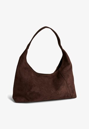 Tumepruun seemisnahast õlakott, millel on üks lai rihm ja pehme, lõtv ristkülikukujuline kuju.