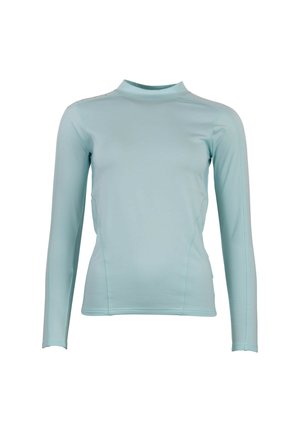 Haut à manches longues bleu clair en tissu extensible. Doté d'un col montant et d'une coupe ajustée. Texture lisse avec un minimum de détails de couture.