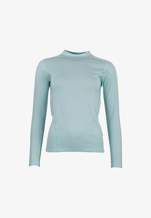 Haut à manches longues bleu clair en tissu extensible. Doté d'un col montant et d'une coupe ajustée. Texture lisse avec un minimum de détails de couture.