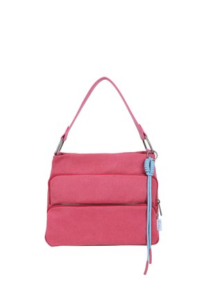 Pink fabric handbag with front zipper pockets, a short strap, and a blue decorative cord tied to a metal ring on the side.