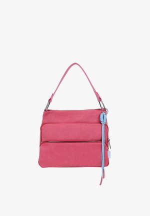 Pink fabric handbag with front zipper pockets, a short strap, and a blue decorative cord tied to a metal ring on the side.