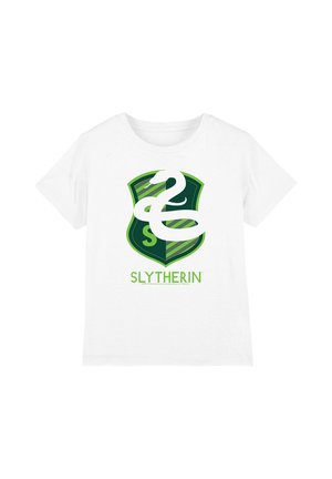 White t-shirt featuring a green shield with a white snake and the word "Slytherin" below it.
