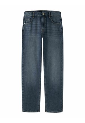 Blå jeans med lige ben, knap- og lynlåslukning, fem lommer og diskrete slidmærker foran.