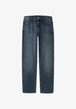 Blå jeans med lige ben, knap- og lynlåslukning, fem lommer og diskrete slidmærker foran.