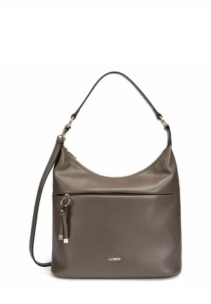 Borsa a mano in pelle marrone scuro con manico superiore, tasca frontale con cerniera e logo dorato "L.CREDI" nella parte frontale inferiore centrale.