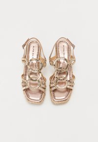 Metallilised roosa kuldse värvi sandaalid, millel on mitu ringikujulist lõiget, tekstureeritud tallad ja kinnised varbad koos ankle strap'idega.