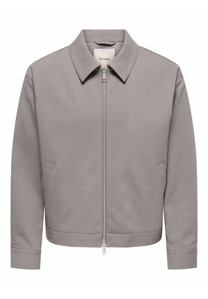 Veste pour homme gris clair avec fermeture éclair complète à l'avant, col pointu, poches latérales et manches longues.