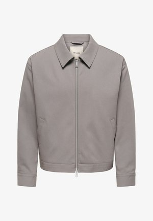 Veste pour homme gris clair avec fermeture éclair complète à l'avant, col pointu, poches latérales et manches longues.