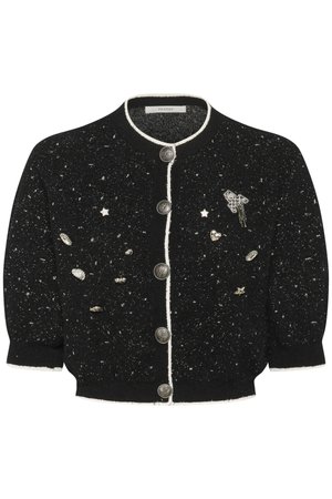 Black cardigan with silver accents, round neckline, and five button closures. Features scattered decorative elements, including stars and hearts.