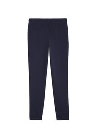 Dunkelblaue Jogginghosen aus weichem Material, mit elastischem Bund und eng anliegenden Bündchen an den Knöcheln. Keine sichtbaren Taschen oder Verzierungen.