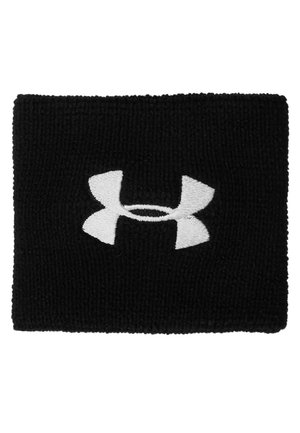 Braccialetto nero realizzato in tessuto elastico, con un logo Under Armour bianco ben visibile al centro sul fronte. Texture liscia nel complesso.