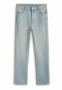 Lichtblauwe rechte denim jeans met een sluiting met knoop en ritssluiting, en een ontwerp met vijf zakken.