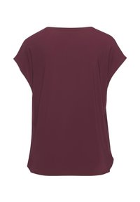 Burgundijas krāsas īsām piedurknēm tops ar brīvu piegriezumu, gludu tekstūru un noapaļotu kakla izgriezumu. Nav redzamu rakstu vai detaļu.