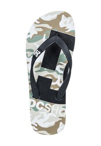 Šľapky s kamuflážovým vzorom v zelenej, béžovej a bielej farbe. Čierne gumové popruhy s textúrovaným povrchom a logom DC Shoes.