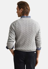 Sivi pulover z vzorcem kite, okrogel izrez in dolgi rokavi, z rebrastimi manšetami in robom, nošen preko modre srajce z ovratnikom.