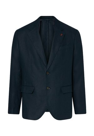 Sacou bărbătesc bleumarin închis cu nasturi frontali, cu nasturi dubli, revere cu crestătură, buzunare cu clapetă și buzunar la piept cu margine.