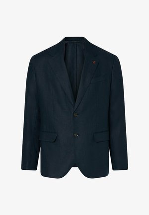 Sacou bărbătesc bleumarin închis cu nasturi frontali, cu nasturi dubli, revere cu crestătură, buzunare cu clapetă și buzunar la piept cu margine.