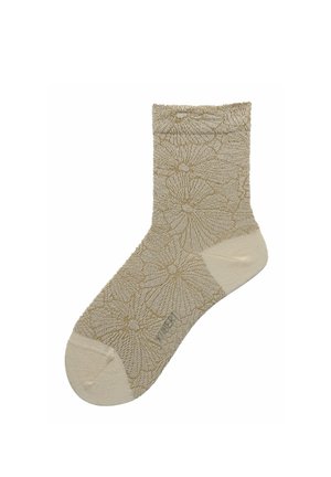 Beige Knöchelsocke mit floralem Spitzenmuster und einfarbigen beigen Zehen- und Fersenbereichen.
