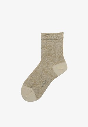 Beige Knöchelsocke mit floralem Spitzenmuster und einfarbigen beigen Zehen- und Fersenbereichen.