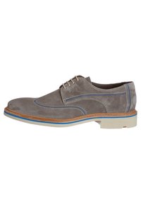 Scarpa da uomo in suede grigia con cuciture blu, intersuola color beige, suola bianca e chiusura con lacci.