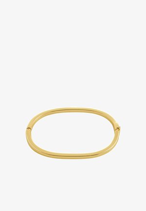 Goldfarbener Armreif mit glatter, polierter Oberfläche, ovaler Form und einem subtilen Scharnierverschluss für ein einfaches Anlegen.