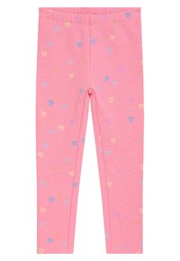 Rosa Leggings aus weichem Baumwollmaterial, mit einem wiederholten Muster aus kleinen Herzen in Blau, Gelb und Lila. Elastischer Bund für Komfort.