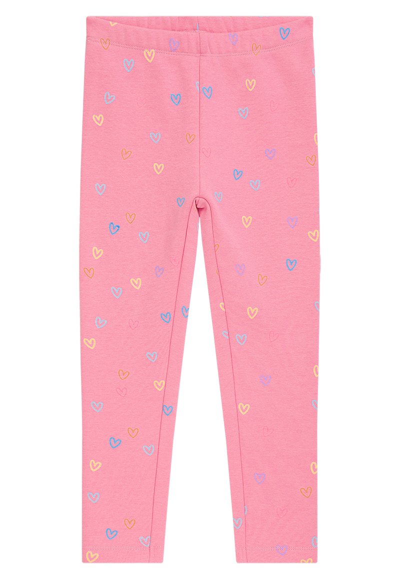 Rosa Leggings aus weichem Baumwollmaterial, mit einem wiederholten Muster aus kleinen Herzen in Blau, Gelb und Lila. Elastischer Bund für Komfort.