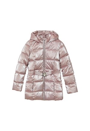 Pinke gepolsterte Jacke mit glänzender Oberfläche, Kapuze, Reißverschluss und einer taillierten Silhouette mit einem kreisförmigen Akzent.