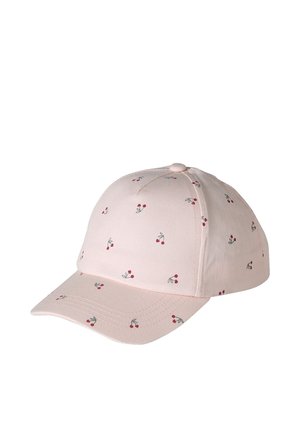 Light pink baseball cap with small red cherry patterns scattered across the fabric and curved brim.