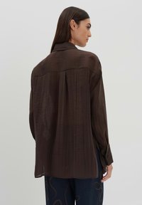 Brown sheer blouse with a loose fit, long sleeves, and button cuffs. Features a subtle striped texture and a back yoke detail.