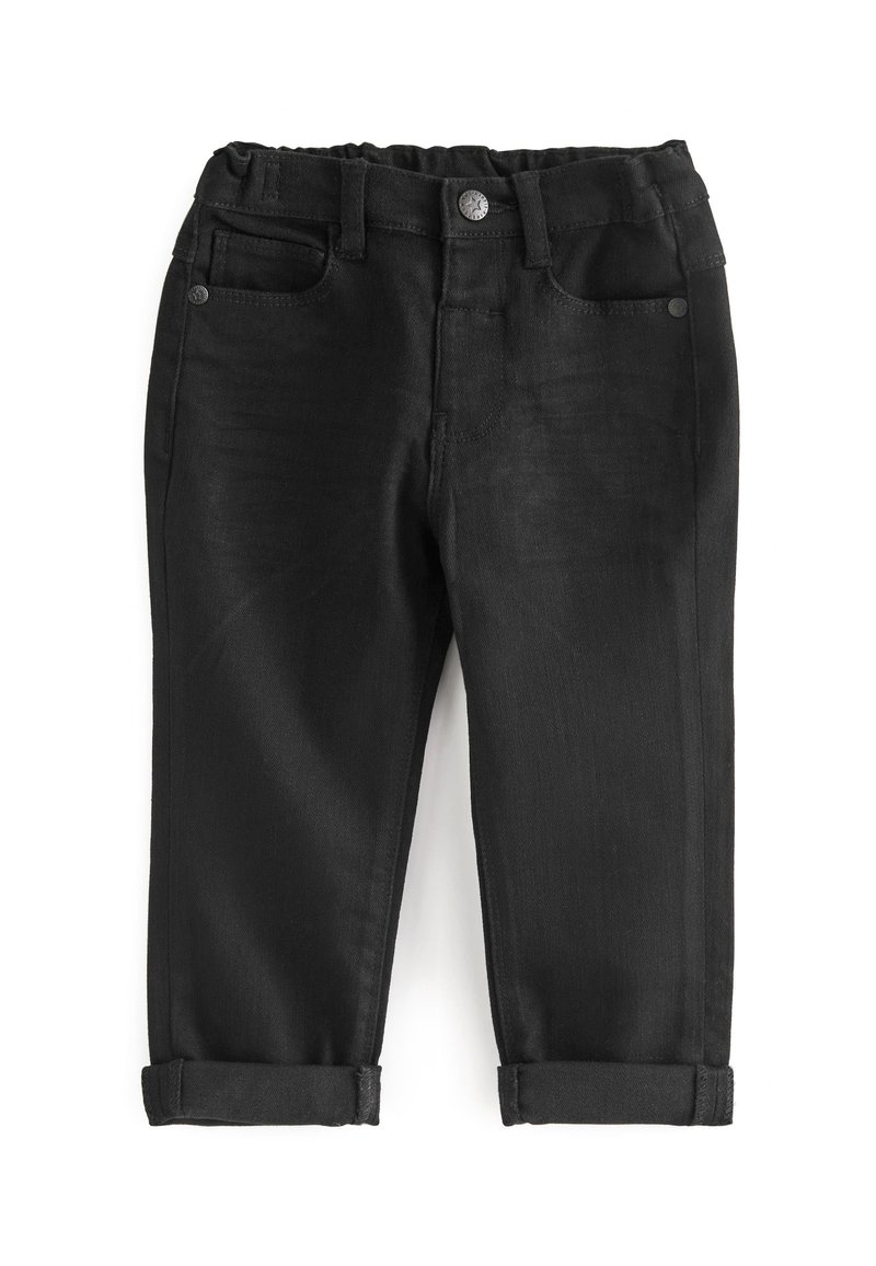 Pantalones de mezclilla negra con cintura elástica, bolsillos frontales y puños doblados. La tela es suave, con un ligero brillo y detalles de costura mínimos.